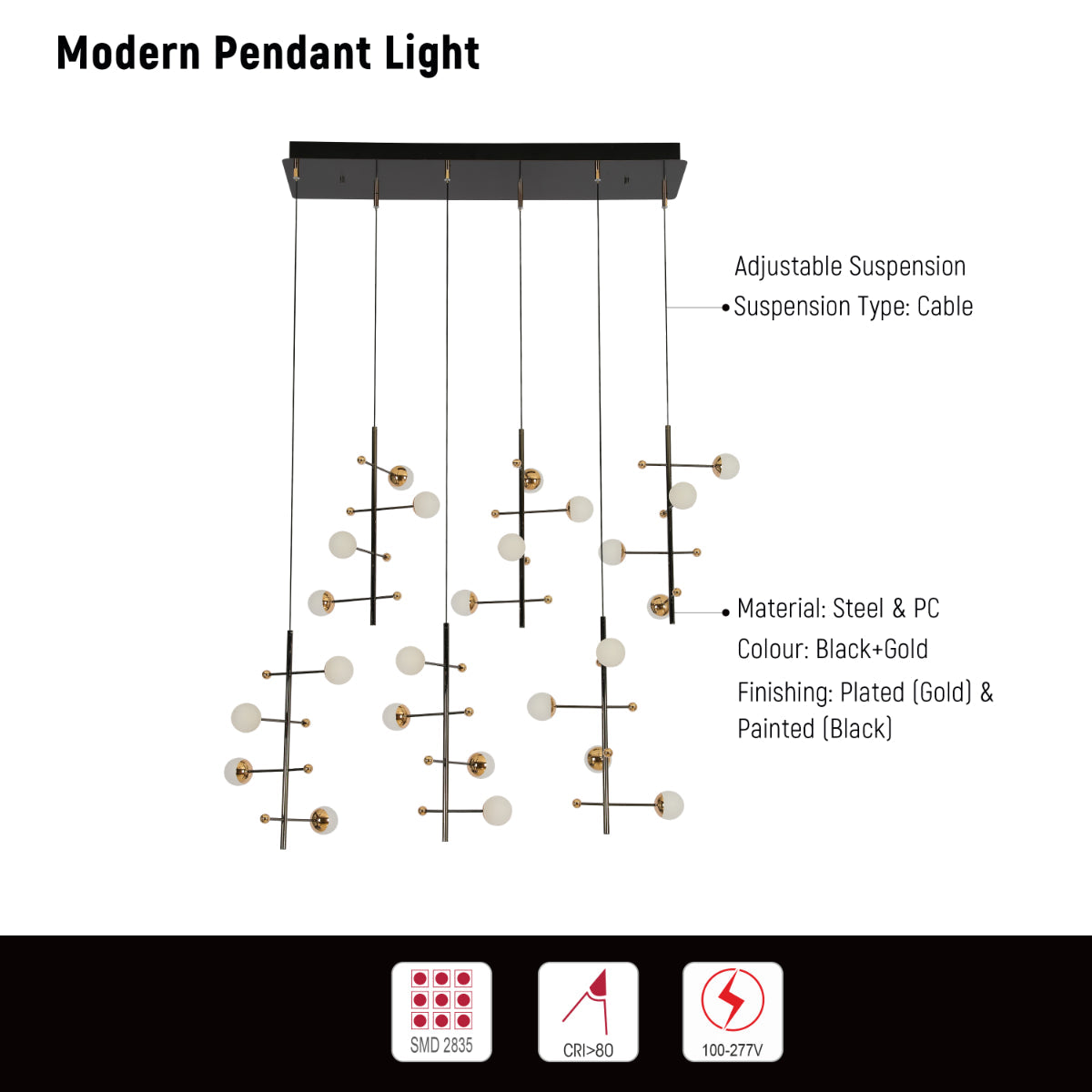 Lámpara de araña moderna y espaciosa en oro, perfecta para salones elegantes con decoración contemporánea.