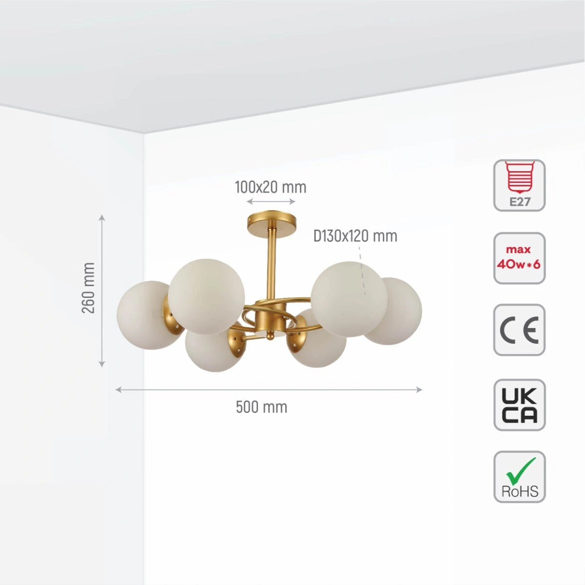 Size and specs of Gold Crescent Body Opal Globe Ceiling Light with E27 Fittings | TEKLED 159-17670
