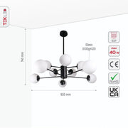 Size and specs of Snowflake Opal Globe Glass Black Body Ceiling Light with 10xE27 Fittings | TEKLED 159-17424