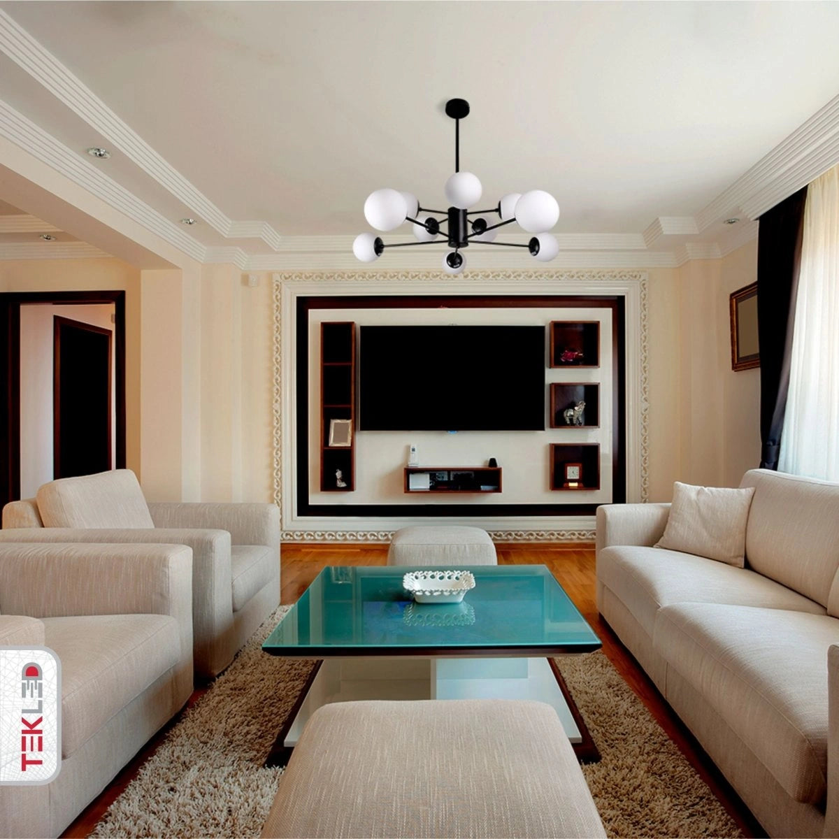 Indoor usage of Snowflake Opal Globe Glass Black Body Ceiling Light with 10xE27 Fittings | TEKLED 159-17424