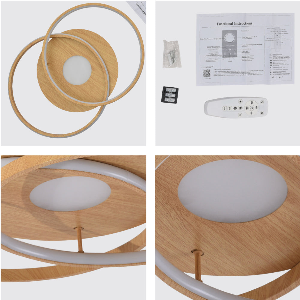 Luz de techo flush contemporánea de círculos cruzados, ideal para espacios nórdicos, con acabado en madera y función regulable.