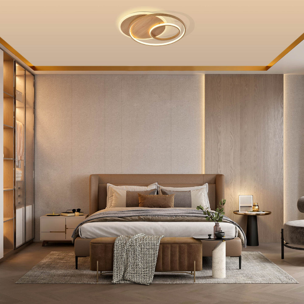 Luz de techo contemporánea de círculos entrelazados, ideal para espacios de estilo escandinavo. Perfecta para salones y comedores.