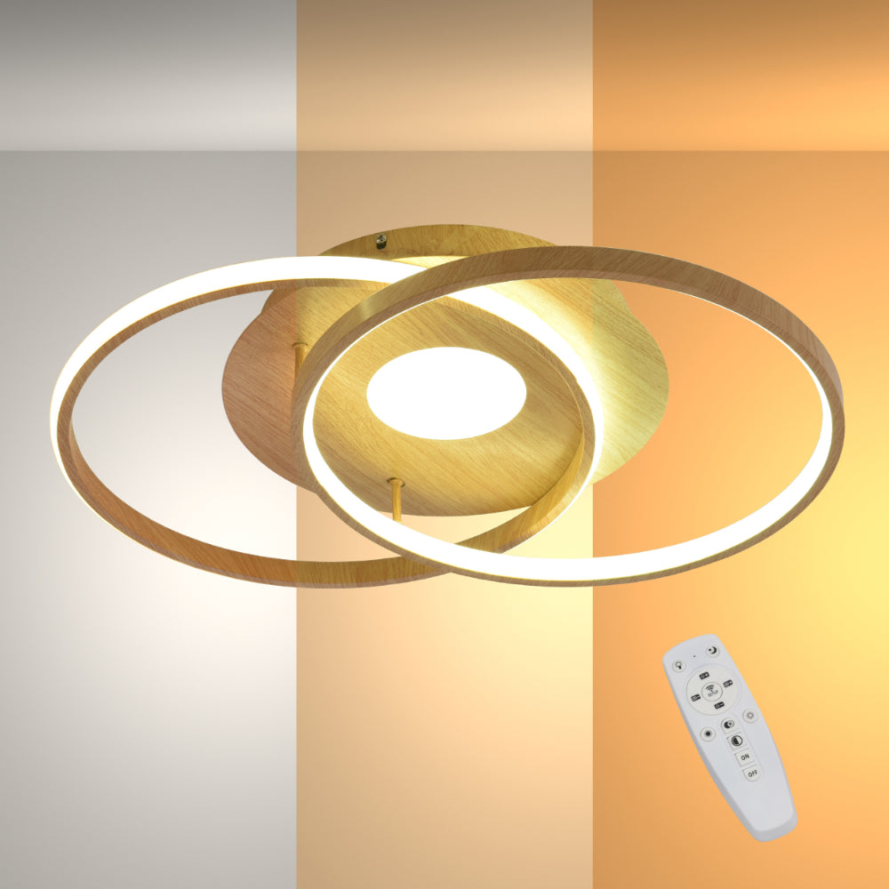 Imagen principal de una lámpara de techo de círculos cruzados en acabado de madera, perfecta para interiores nórdicos contemporáneos.