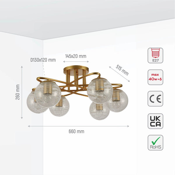Size and specs of Gold Ellipse Metal Textured Globe Glass Modern Ceiling Light with E27 Fittings | TEKLED 159-17674