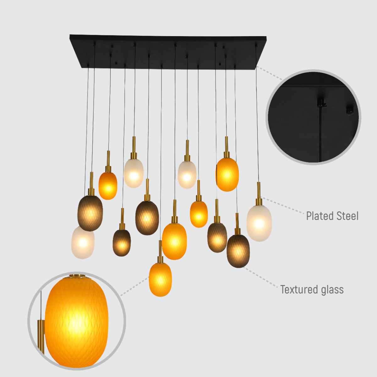 Lámpara de techo multi-péndulo, ideal para salones modernos, con diseño elegante y sofisticado. Perfecta para iluminar espacios amplios.