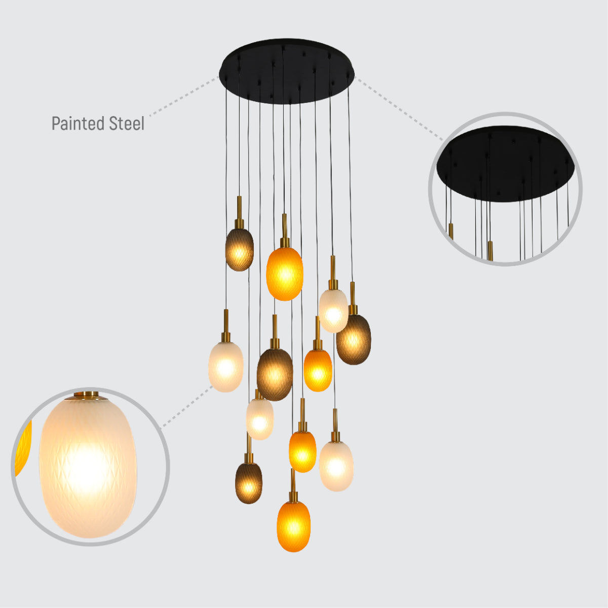 Detalle del diseño del colgante multi-lámpara, ideal para espacios abiertos con estilo contemporáneo y elegante.