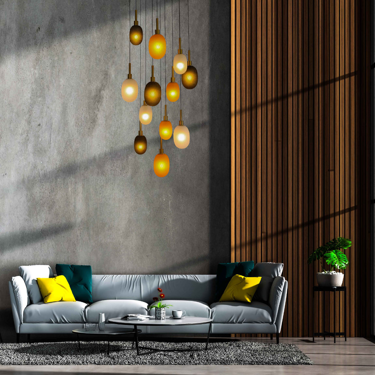 Luz de techo colgante múltiple en un comedor moderno, aportando un toque elegante y funcional al espacio.