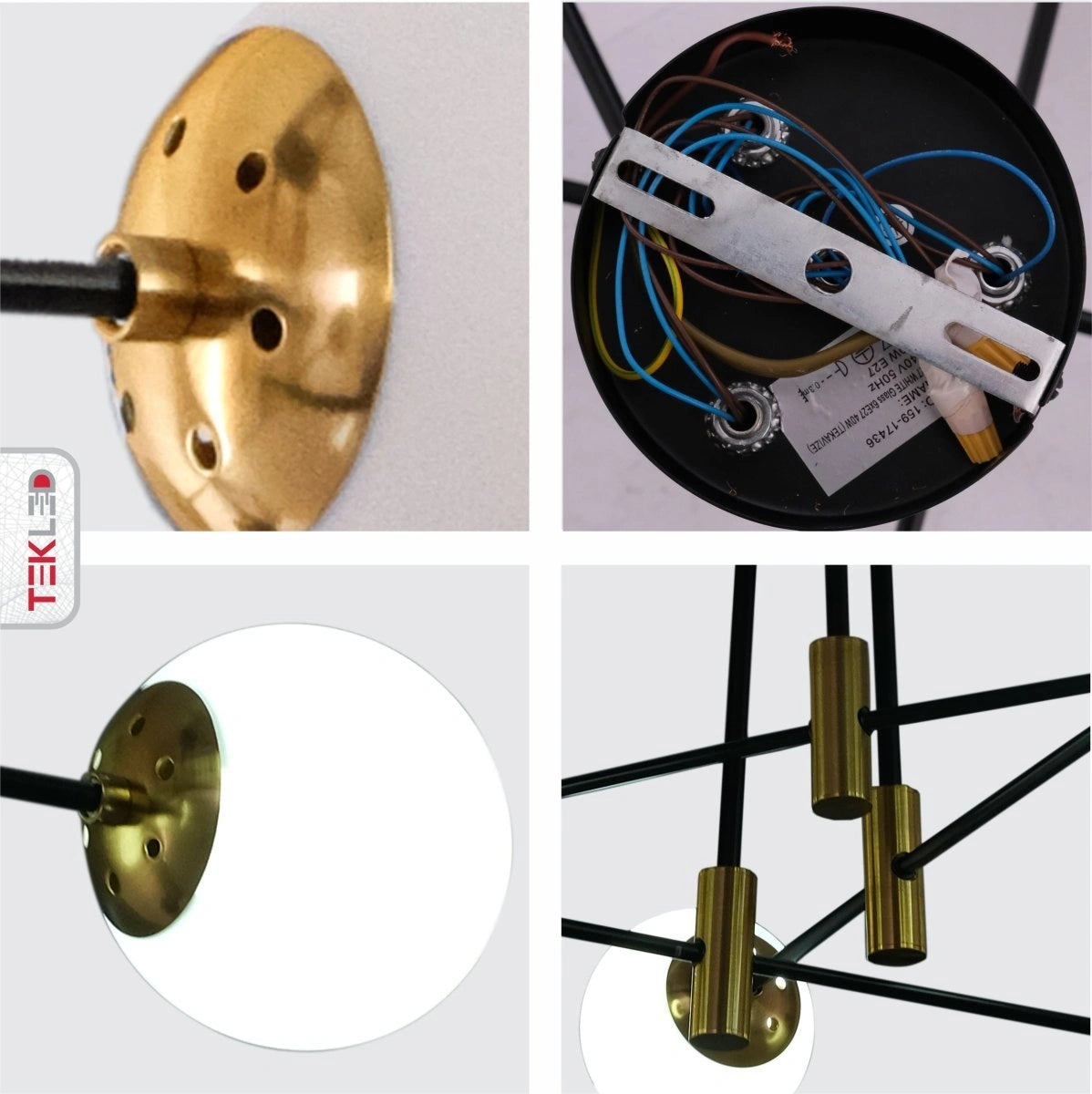 Detailed shots of Opal Glass Globe Gold and Black Metal Semi Flush Ceiling Light with 6xE27 Fitting | TEKLED 159-17436