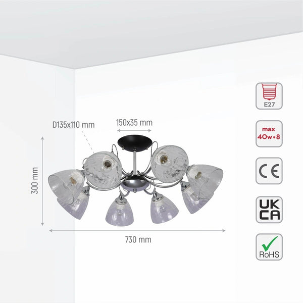 Size and specs of Textured Clear Cone Glass Chrome Semi Flush Ceiling Light | TEKLED 159-17766