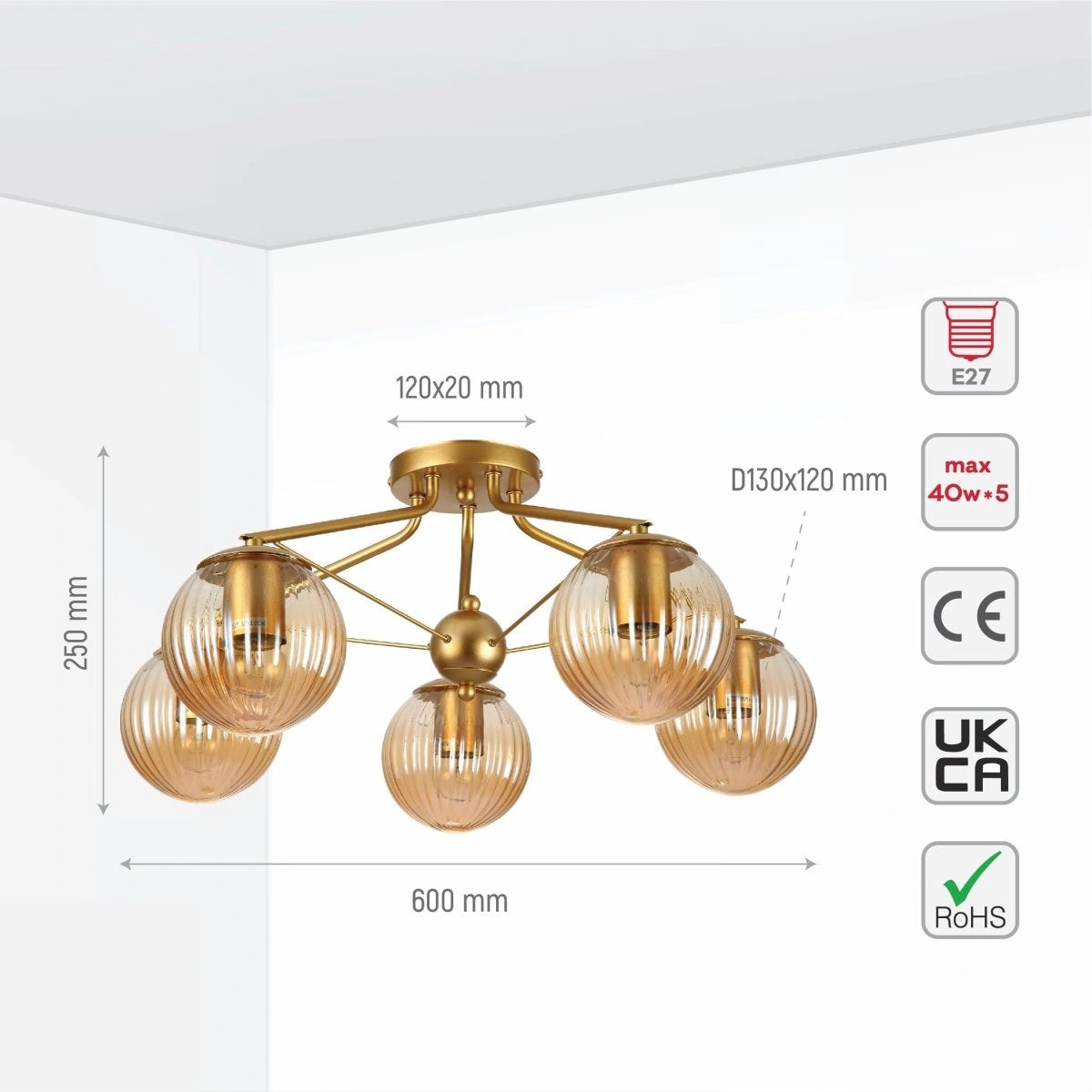 Size and specs of Amber Reeded Globe Gold Semi Flush Ceiling Light E27 | TEKLED 159-17680