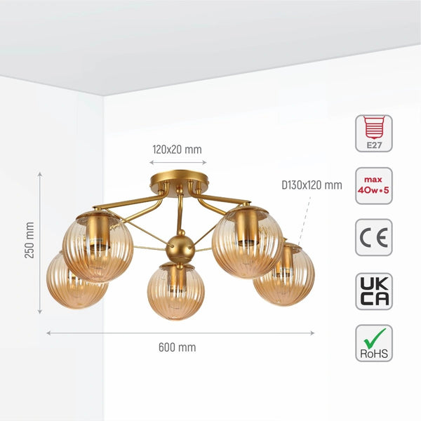 Size and specs of Amber Reeded Globe Gold Semi Flush Ceiling Light E27 | TEKLED 159-17680
