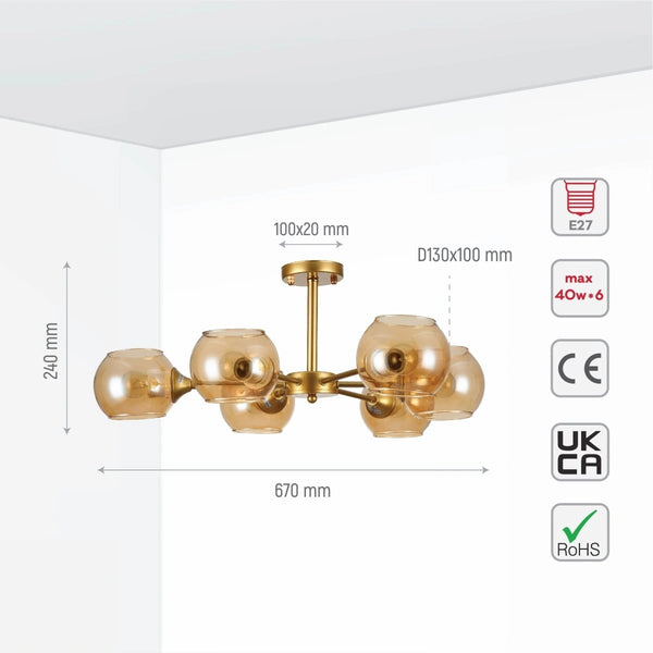 Size and specs of Amber Sides Open Globe Glass Gold Semi Flush Ceiling Light E27 | TEKLED 159-17636