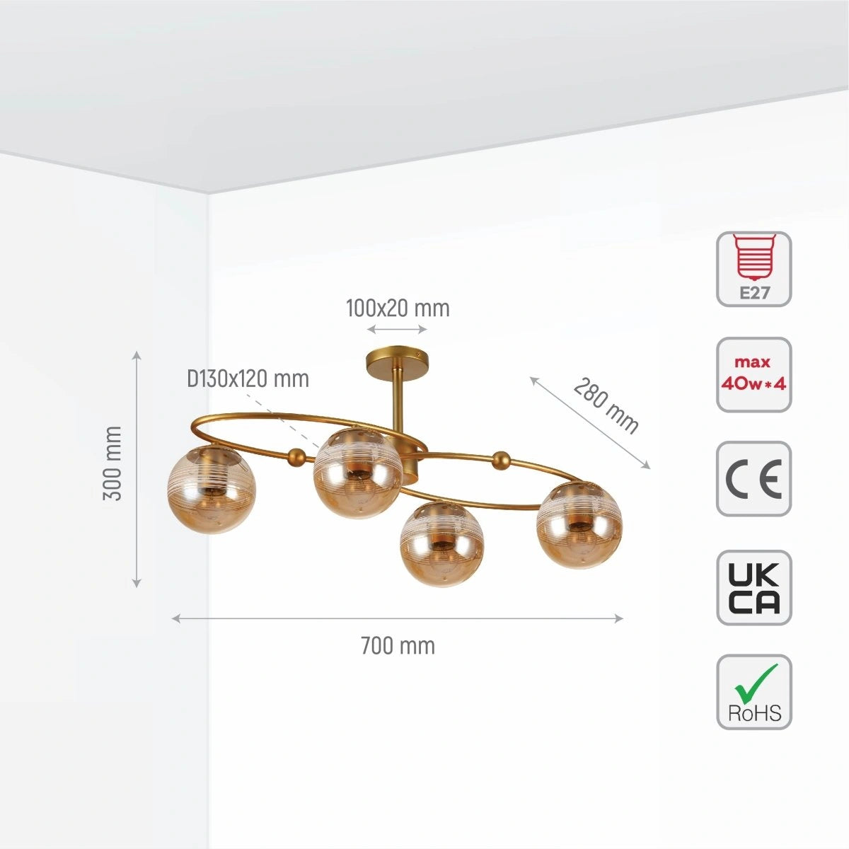 Size and specs of Amber Globe Glass Gold Ellipse Metal Body Semi Flush Modern Ceiling Light with E27 Fittings | TEKLED 159-17664