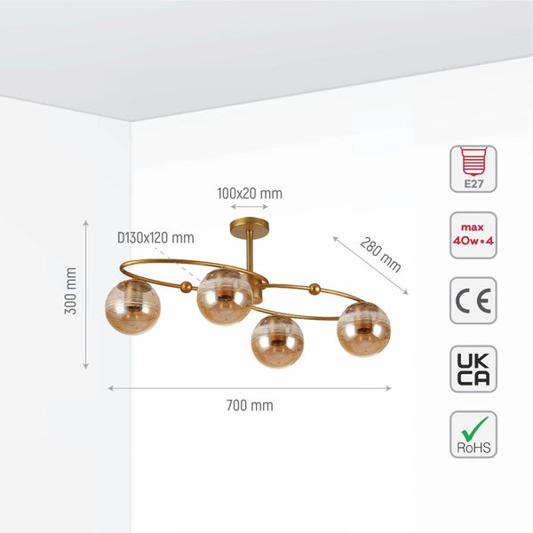 Size and specs of Amber Globe Glass Gold Ellipse Metal Body Semi Flush Modern Ceiling Light with E27 Fittings | TEKLED 159-17664