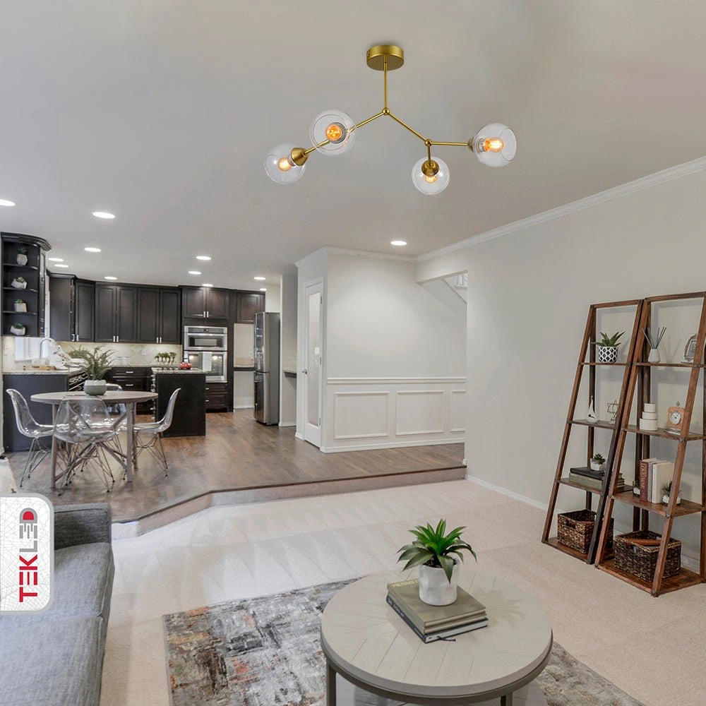 Interior application of Clear Glass Gold Wishbone Branch Twig Semi Flush Modern Sputnik Ceiling Light with 4xE27 Fitting | TEKLED 159-17806