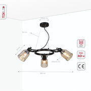 Product dimensions of amber cone glass black suspended ceiling light 3xe27