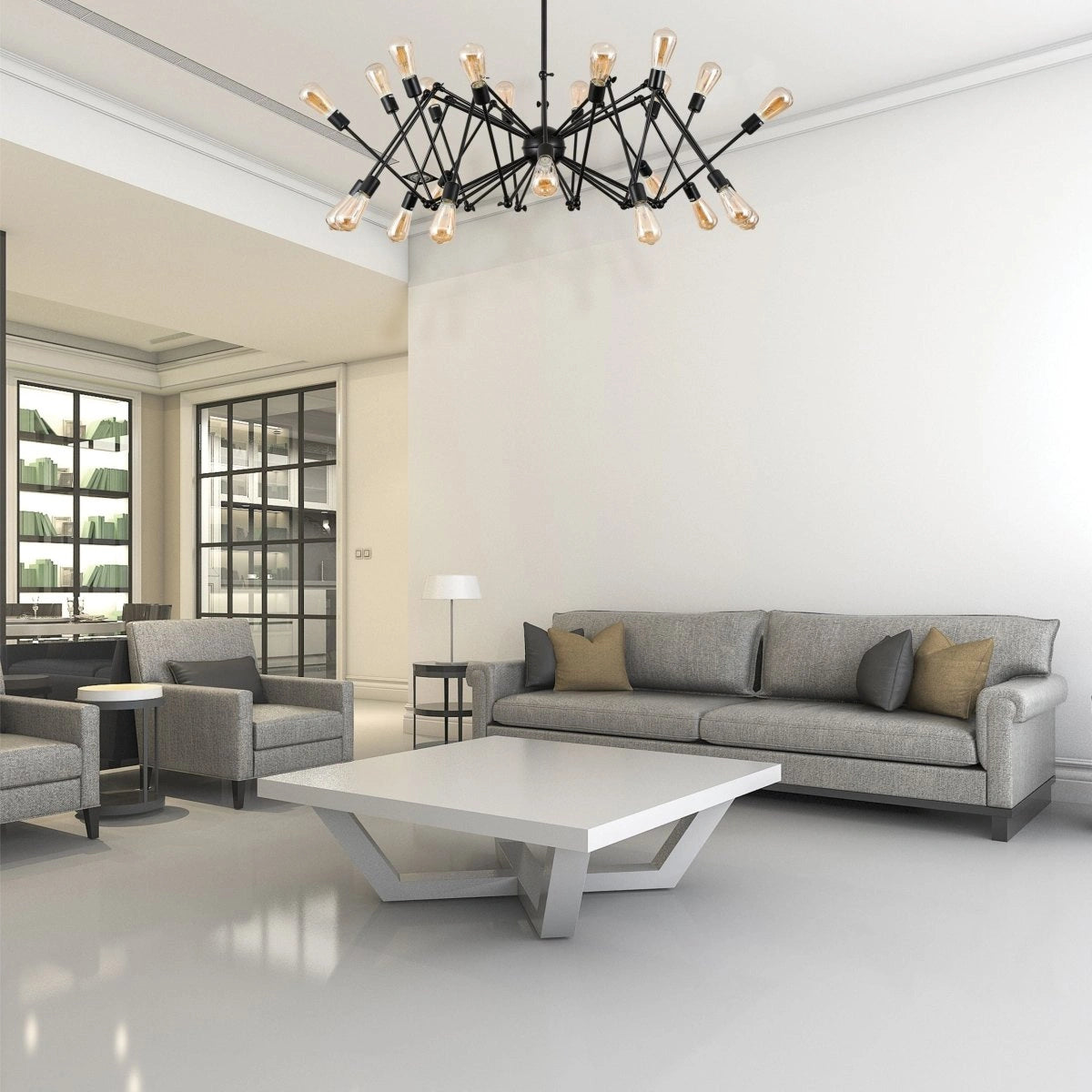 Black hinged rod metal spider chandelier with 24xe27 fitting in indoor setting  living room 158-17589