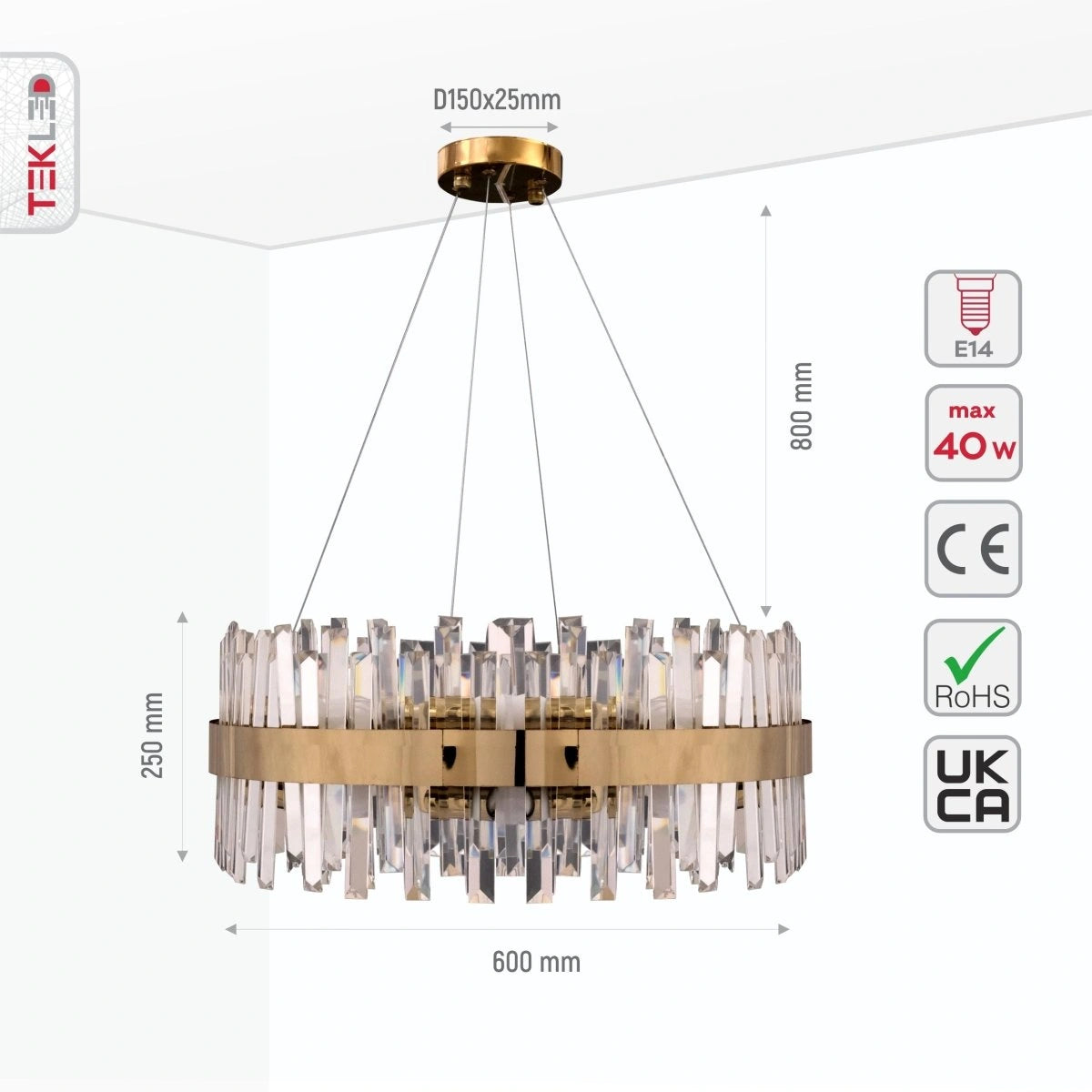 Dibujo técnico del candelabro de cristal y metal dorado, mostrando dimensiones y especificaciones de instalación para decoración elegante.