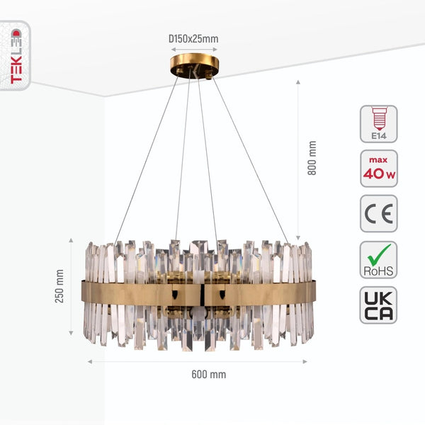 Dibujo técnico del candelabro de cristal y metal dorado, mostrando dimensiones y especificaciones de instalación para decoración elegante.