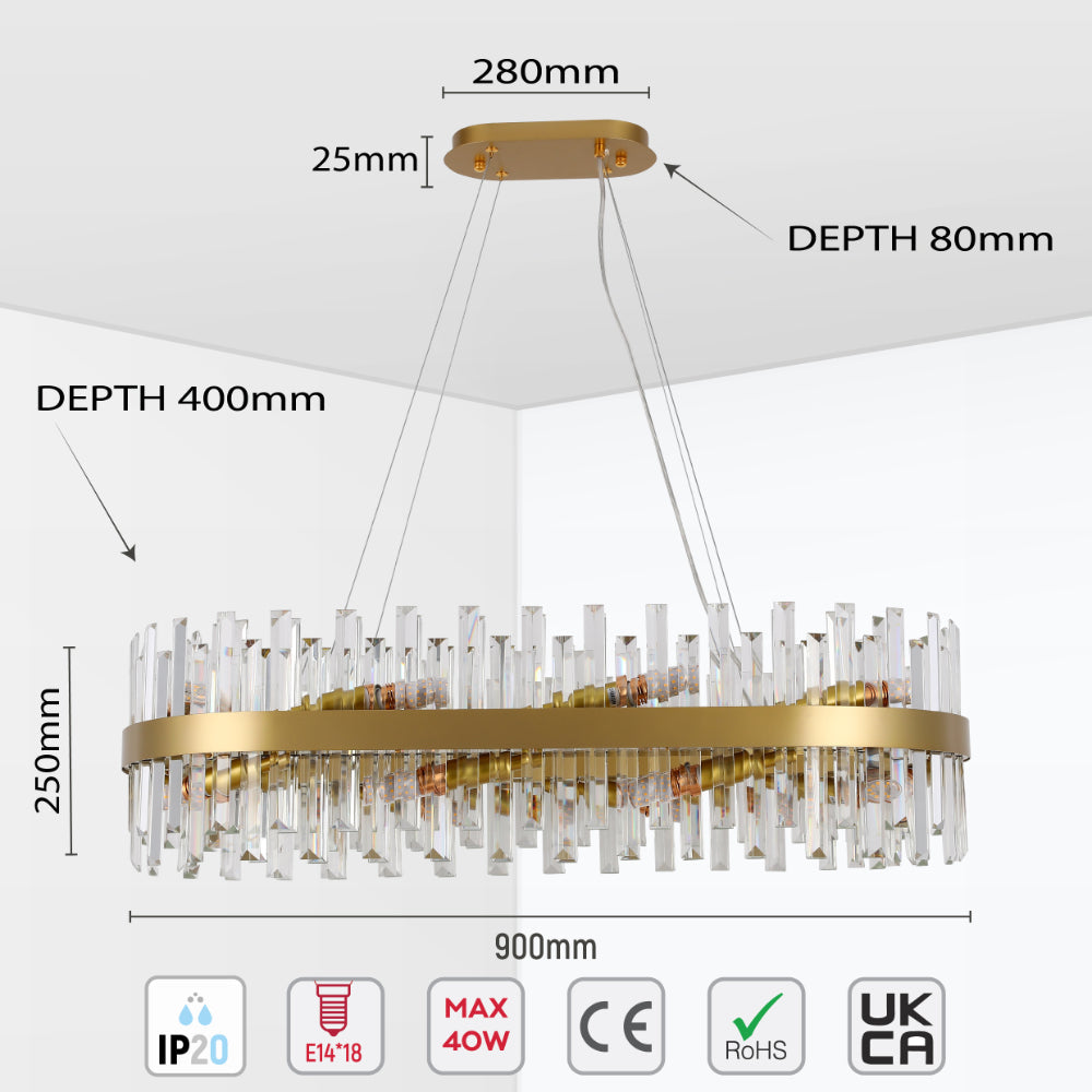Size and specs of Coffin Crystal Gold Metal Chandelier D800 with 20xE14 Fitting | TEKLED 156-19560
