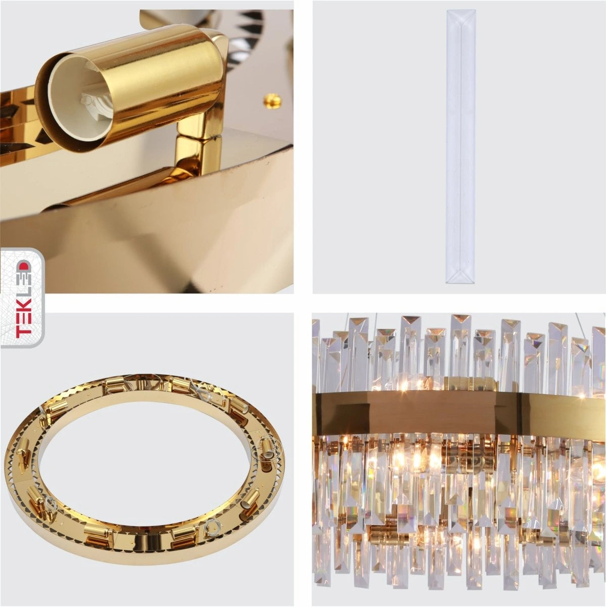 Primer plano de una lámpara de araña de cristal y metal dorado, perfecta para salones elegantes con estilo clásico.