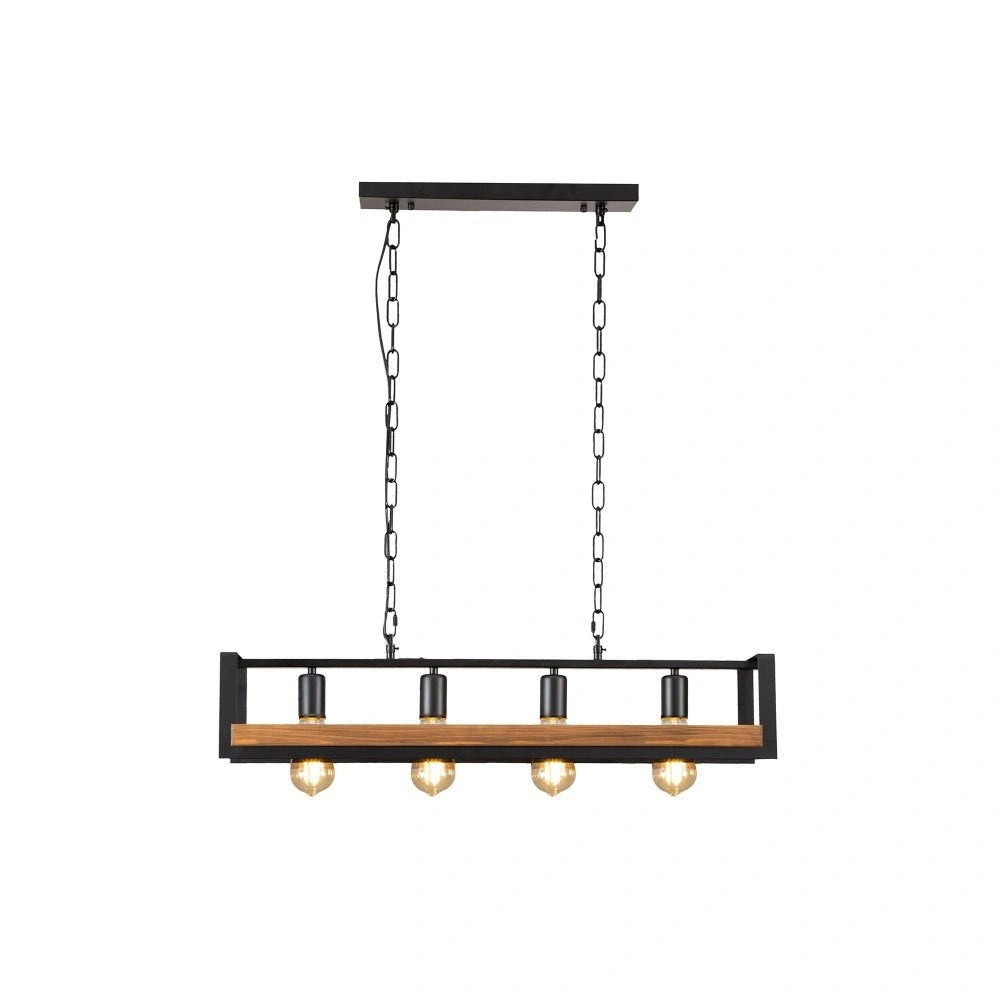Black metal wood cuboid island chandelier with 4xe27 fitting in indoor setting