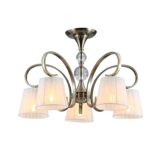 Main image of Antique Brass Metal Body Rice White Fabric Shaded Vintage Traditional Retro Ceiling Chandelier Light with 5xE27 Fitting | TEKLED 159-17820