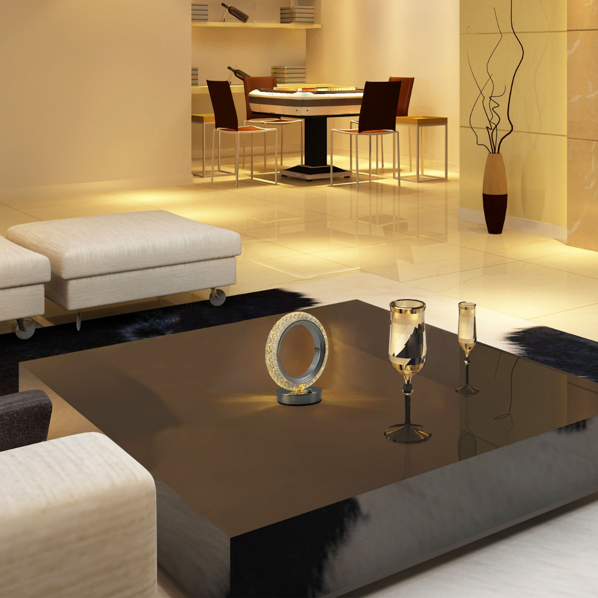 Lámpara LED anular emitiendo luz suave, perfecta para espacios modernos como oficinas o salones con estilo contemporáneo.