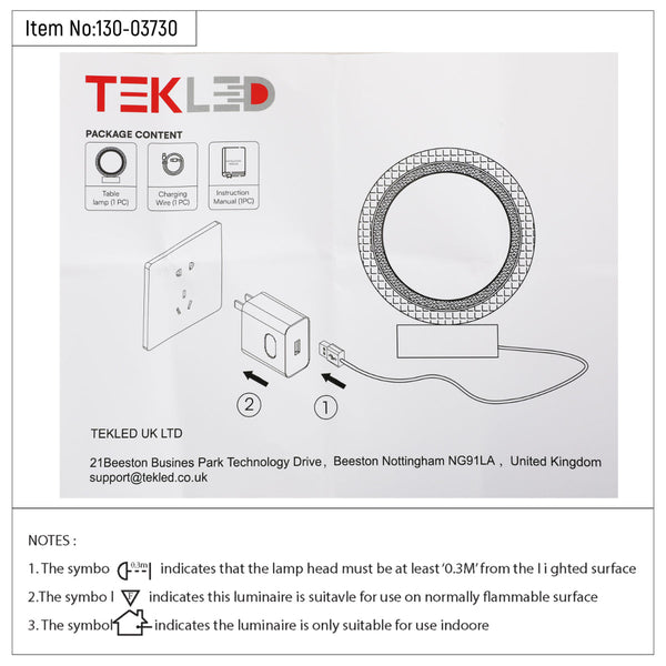 Dibujo técnico de la lámpara LED en forma de anillo, con dimensiones y recomendaciones de instalación para espacios modernos.