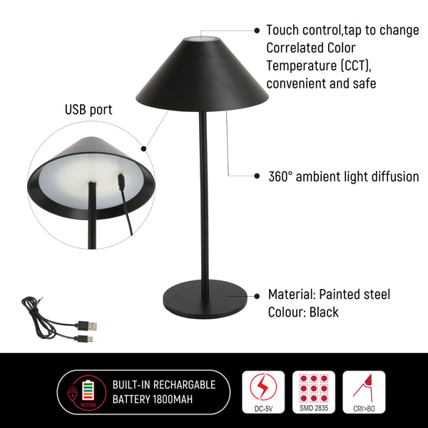 Lámpara LED de cono recargable, ideal para mesas de trabajo o lectura en decoraciones modernas y minimalistas.