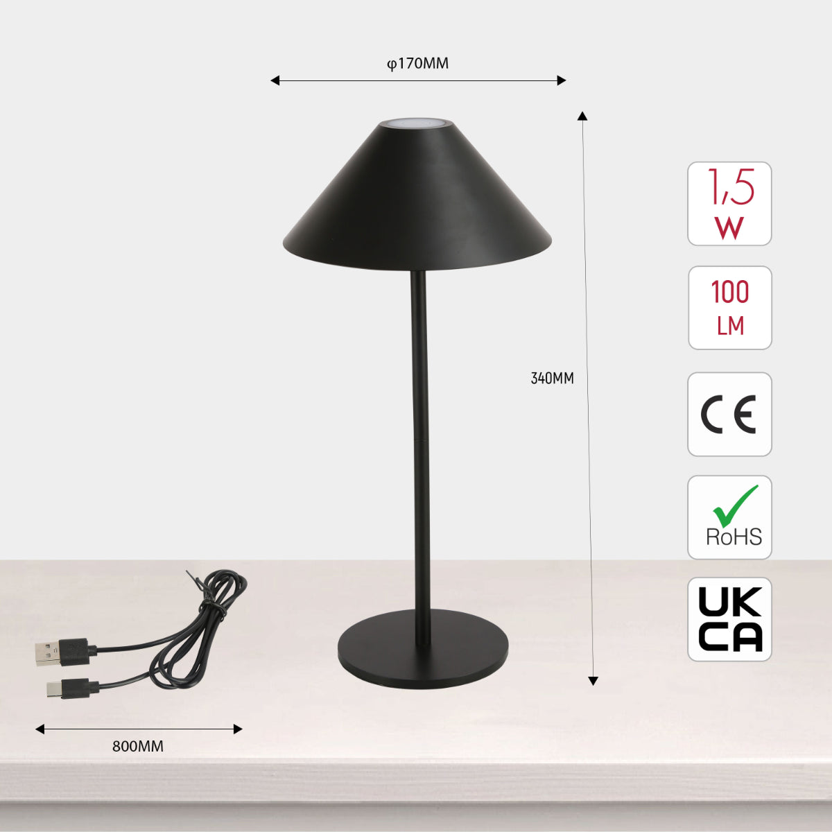 Lámpara LED de cono recargable, ideal para espacios modernos como oficinas o salas de estar, combinando funcionalidad y estilo contemporáneo.
