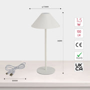 Lámpara LED de cono recargable, ideal para ambientes modernos y oficinas; versátil con doble fuente de luz.