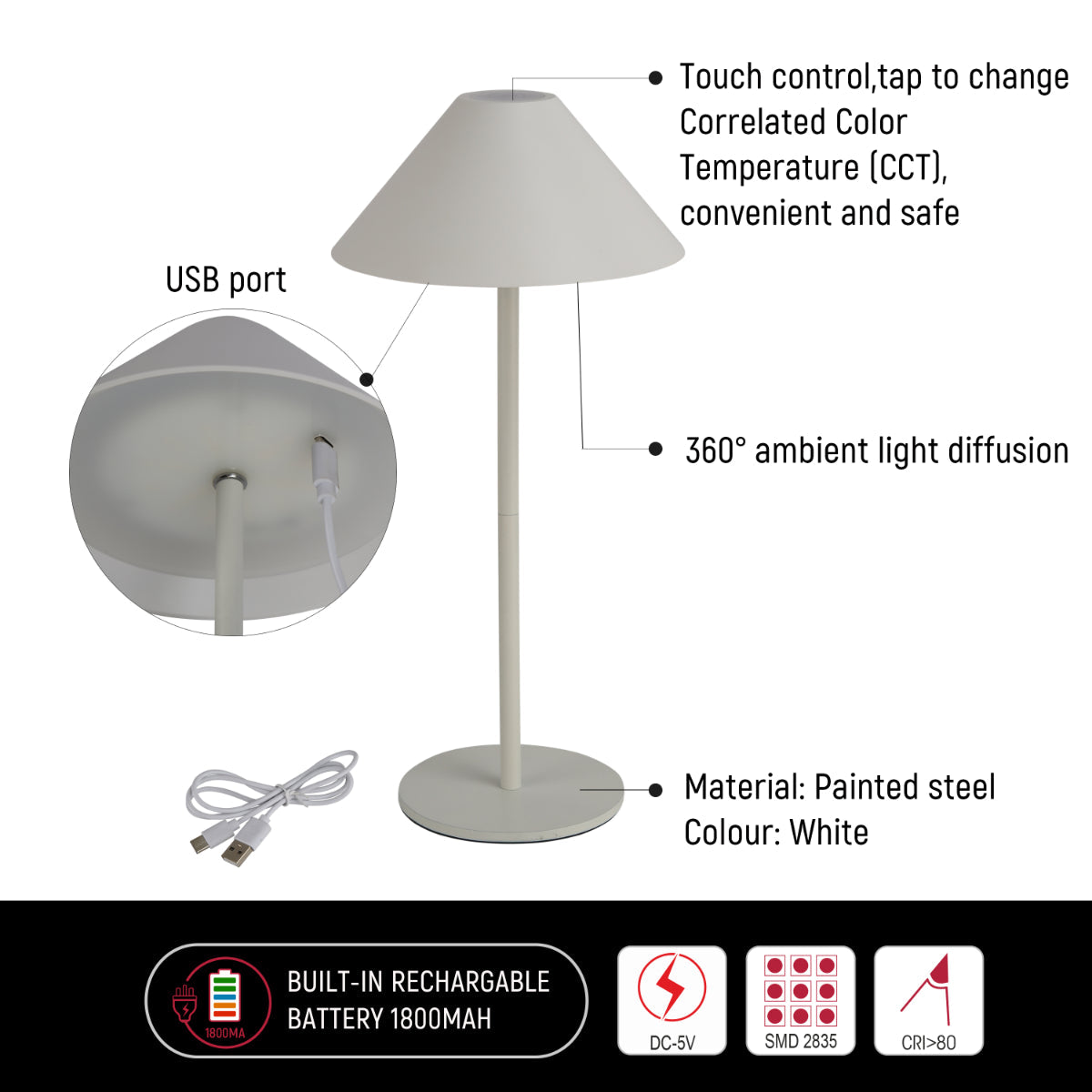 Dibujo técnico de lámpara LED recargable con doble fuente, mostrando dimensiones y especificaciones esenciales para instalación.