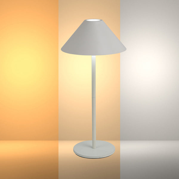 Lámpara LED de cono recargable, ideal para espacios modernos como oficinas o salas de estar con un toque minimalista.