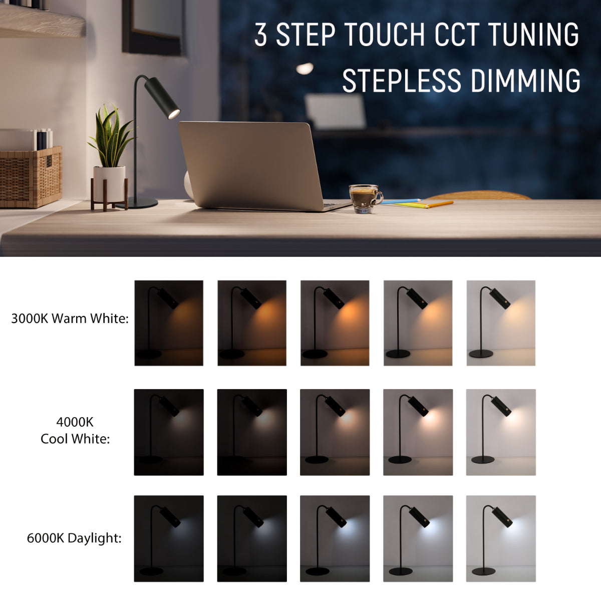 Lámpara LED de clip con diseño moderno, ideal para escritorios en oficinas contemporáneas, proporcionando luz ajustable y cómoda.