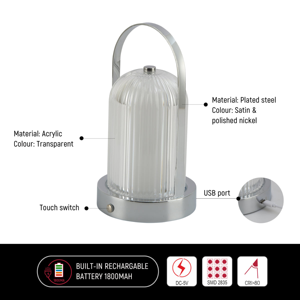 Primer plano de una lámpara de linterna recargable, ideal para exteriores, con diseño moderno y acabado de alta calidad.