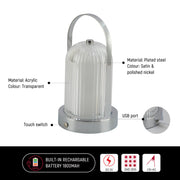 Primer plano de una lámpara de linterna recargable, ideal para exteriores, con diseño moderno y acabado de alta calidad.
