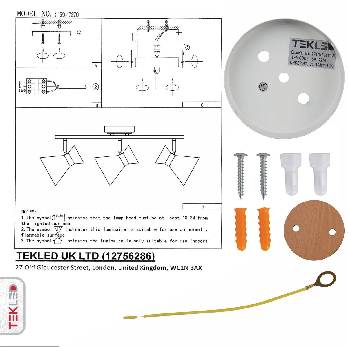 User manual and box content of white metal wood funnel semi flush ceiling light 3xe14