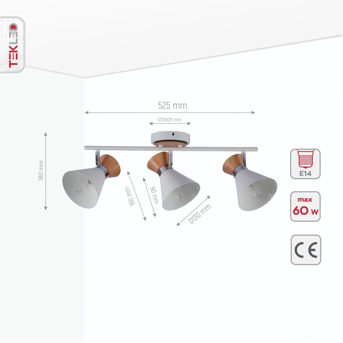 Product dimensions of white metal wood funnel semi flush ceiling light 3xe14