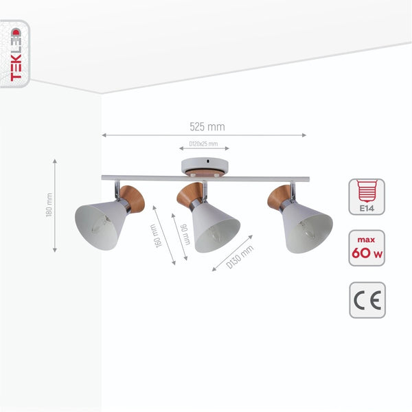Product dimensions of white metal wood funnel semi flush ceiling light 3xe14