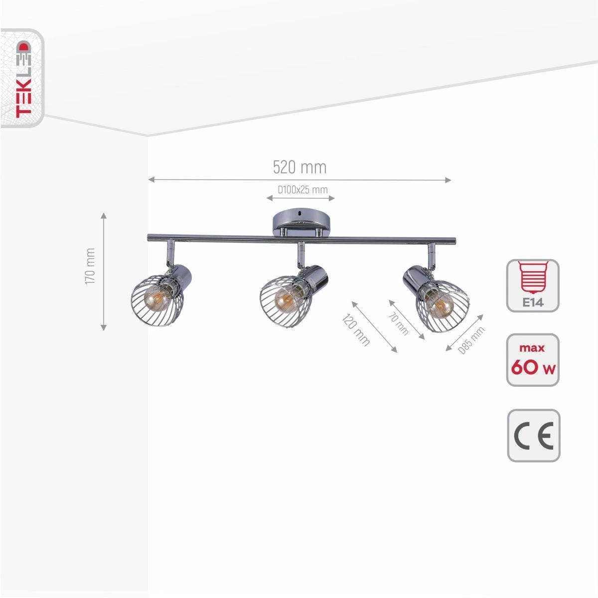 Product dimensions of silver cage chrome body semi flush ceiling light 3xe14