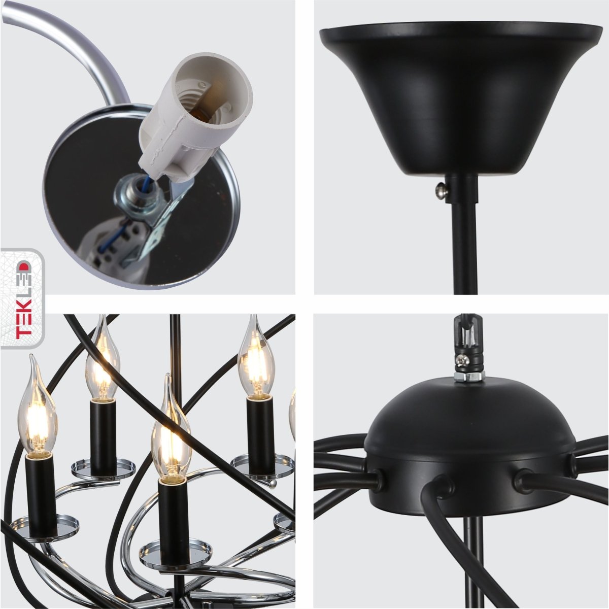 Detailed photo of black spiral metal chrome arm chandelier 5xe14