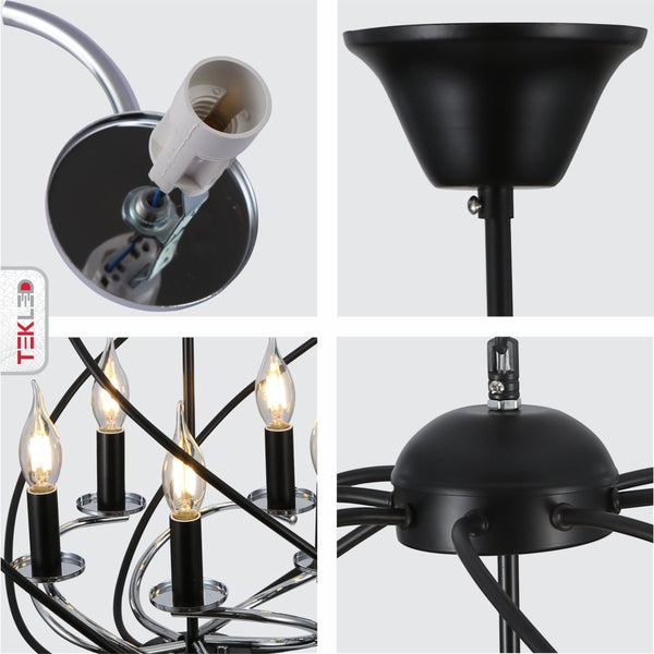 Detailed photo of black spiral metal chrome arm chandelier 5xe14