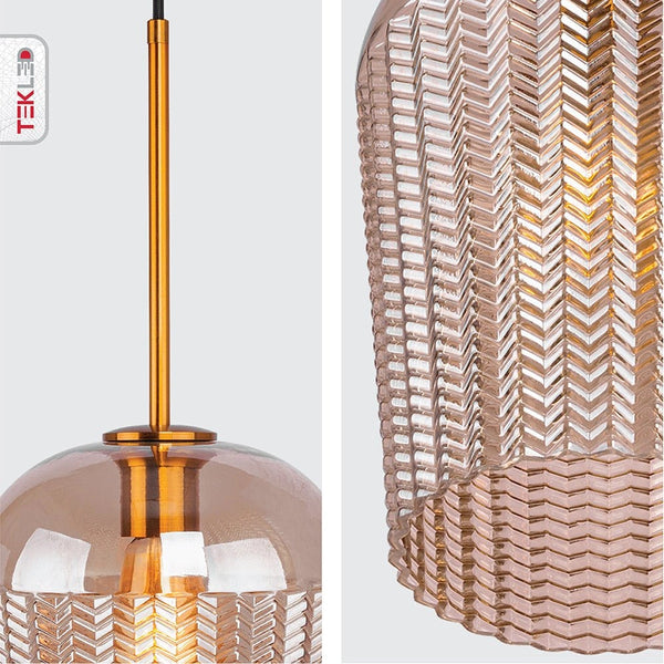 Detailed photo of amber glass schoolhouse pendant light with e27 fitting