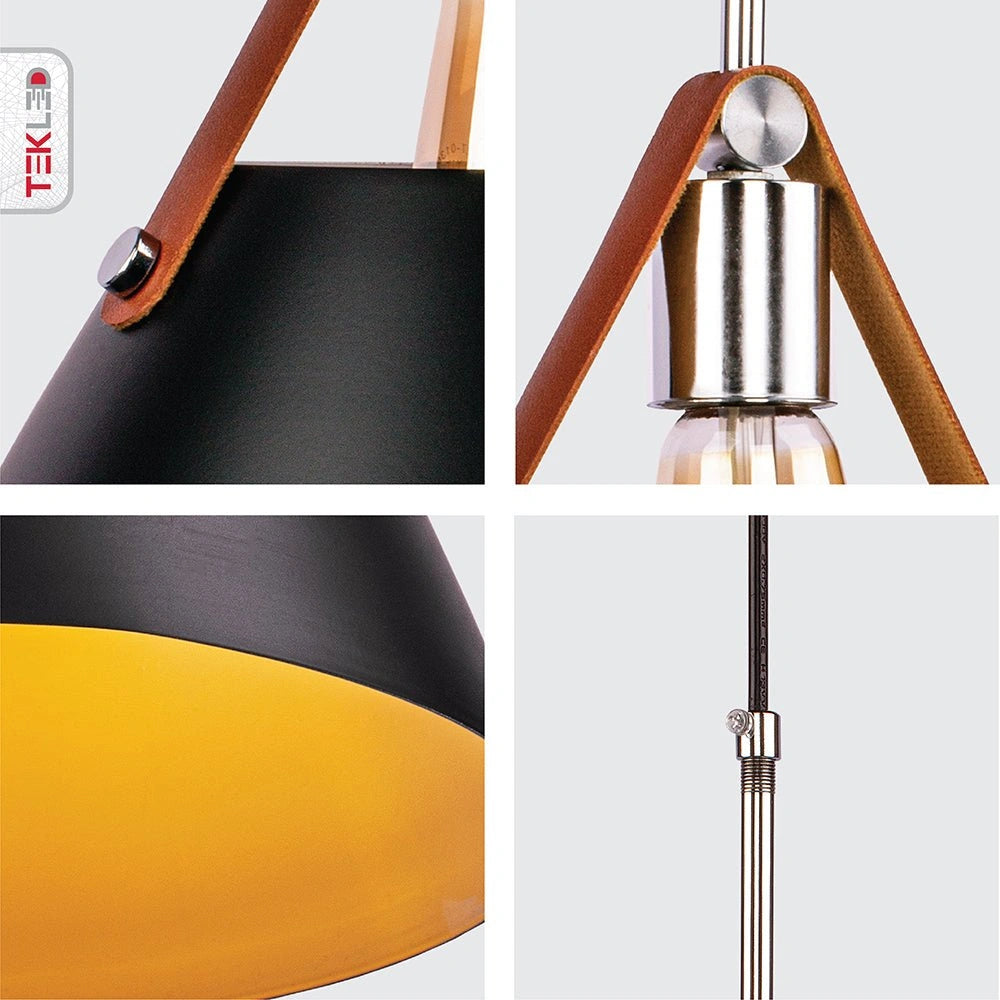 Detailed photo of black-white metal funnel pendant light with e27 fitting