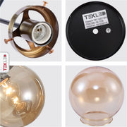 Detailed photo of amber glass globe black and antique brass semi flush ceiling light 12xe27