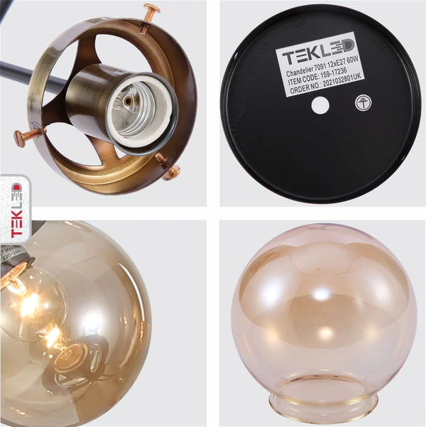 Detailed photo of amber glass globe black and antique brass semi flush ceiling light 12xe27
