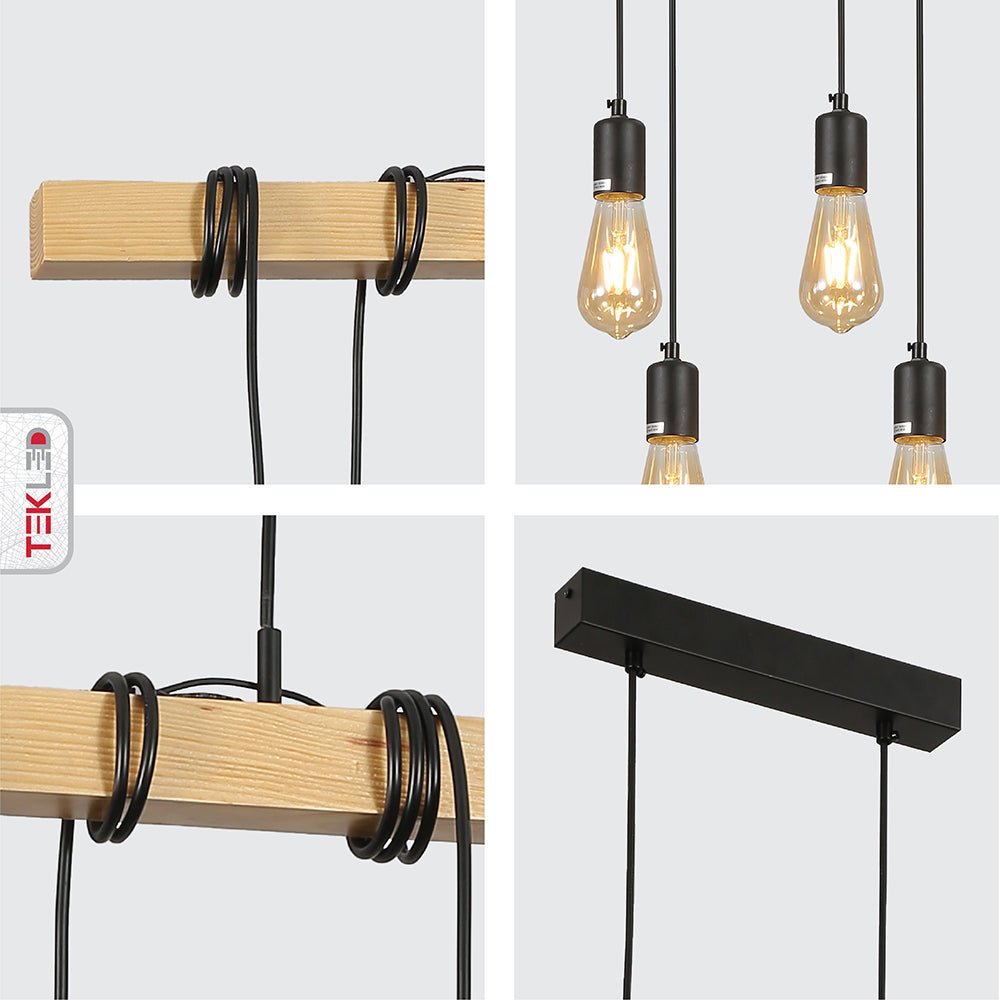 Foto detallada de un candelabro de varilla de madera suspendida con 6xE27.
