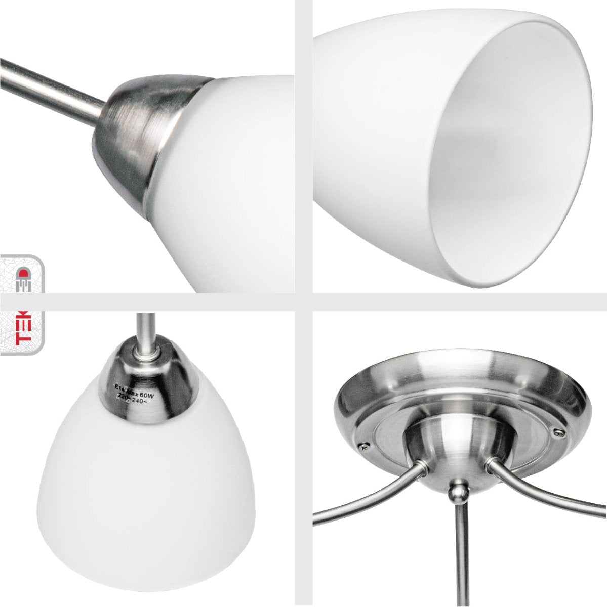 Detailed photo of white glass chrome semi-flush ceiling light with 3xE27 fitting