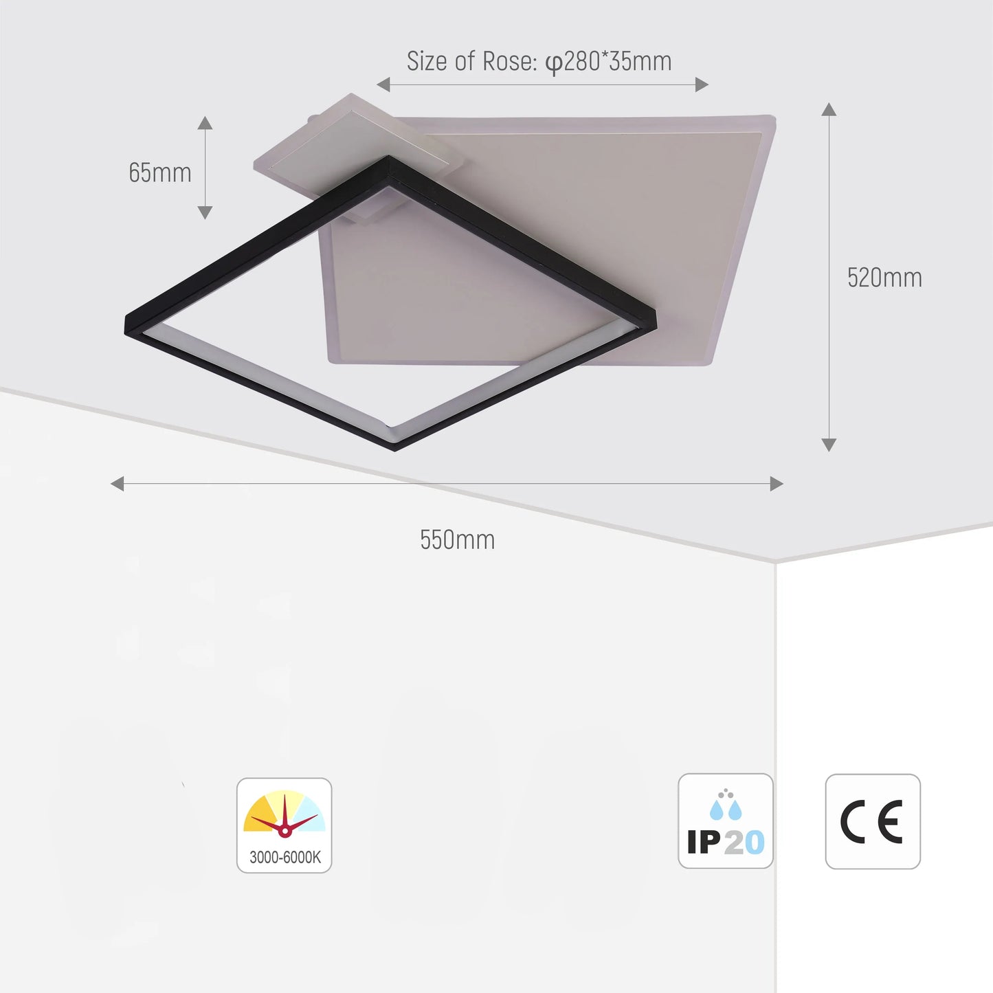Lámpara de Techo LED Cuadrada en Capas, CCT, 40W, Negro y Blanco